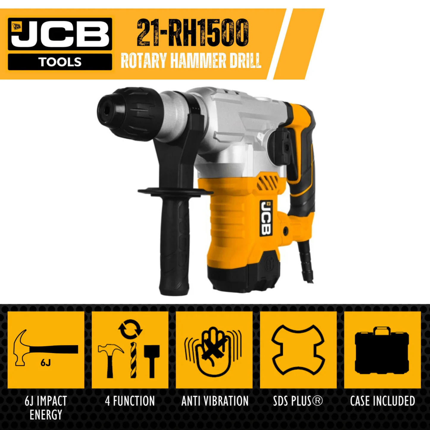 JCB 1500w Rotary Hammer Drill, Powerful 4 Modes Drilling, Hammer, Chiseling and Chisel Adjustment, Multi Position & Anti-Vibration Handle
