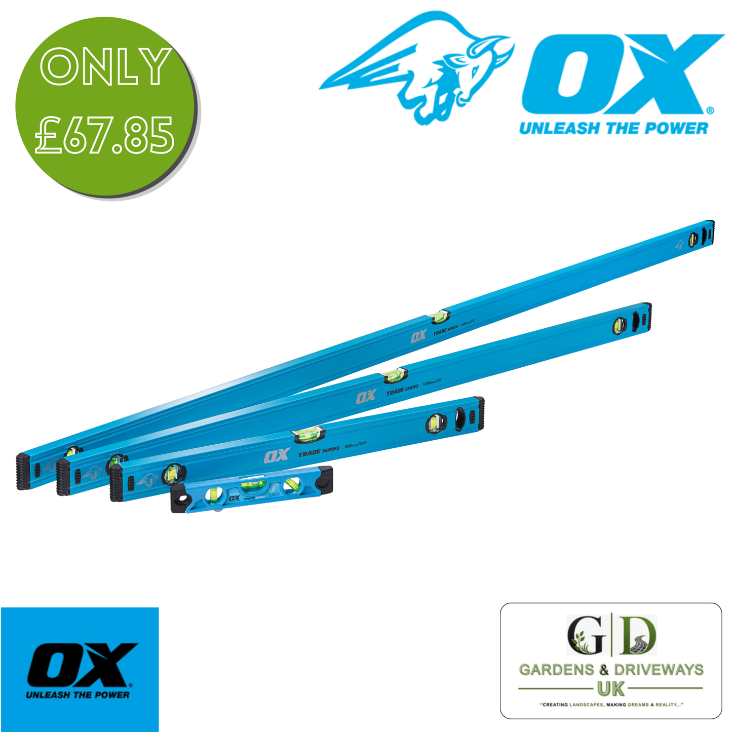OX Tools OX-T500404 Trade 4-Piece Spirit Level Set - 600mm, 1200mm, 1800mm & 230mm Torpedo - Aluminium