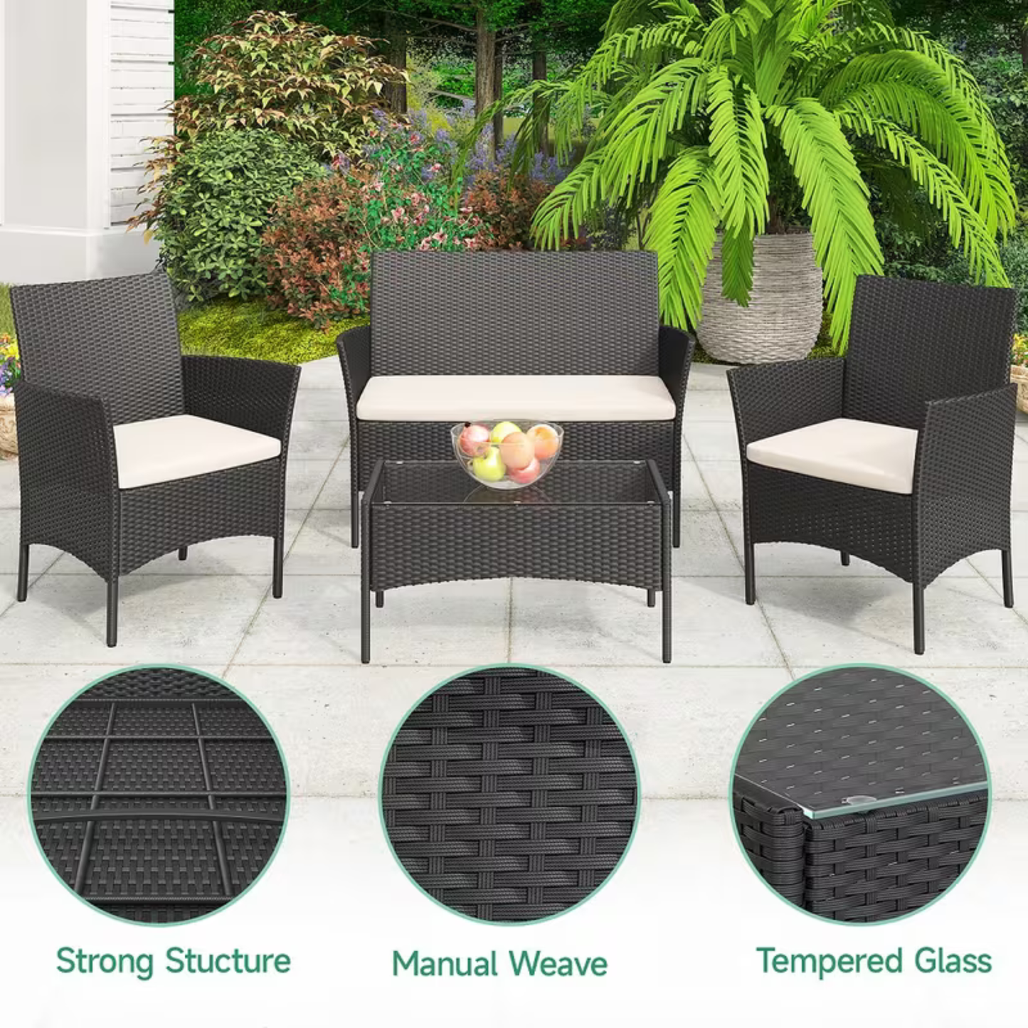 Rattan Table & Chairs, Set of 4 Rattan Chairs.